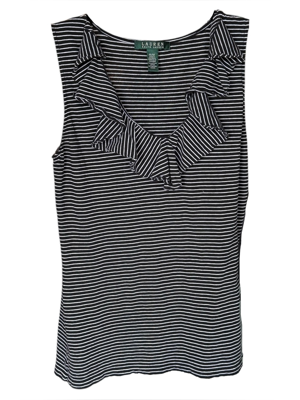 Ralph Lauren Black White Striped Sleeveless Ruffle V Neck Top w Neck/Waist Tie